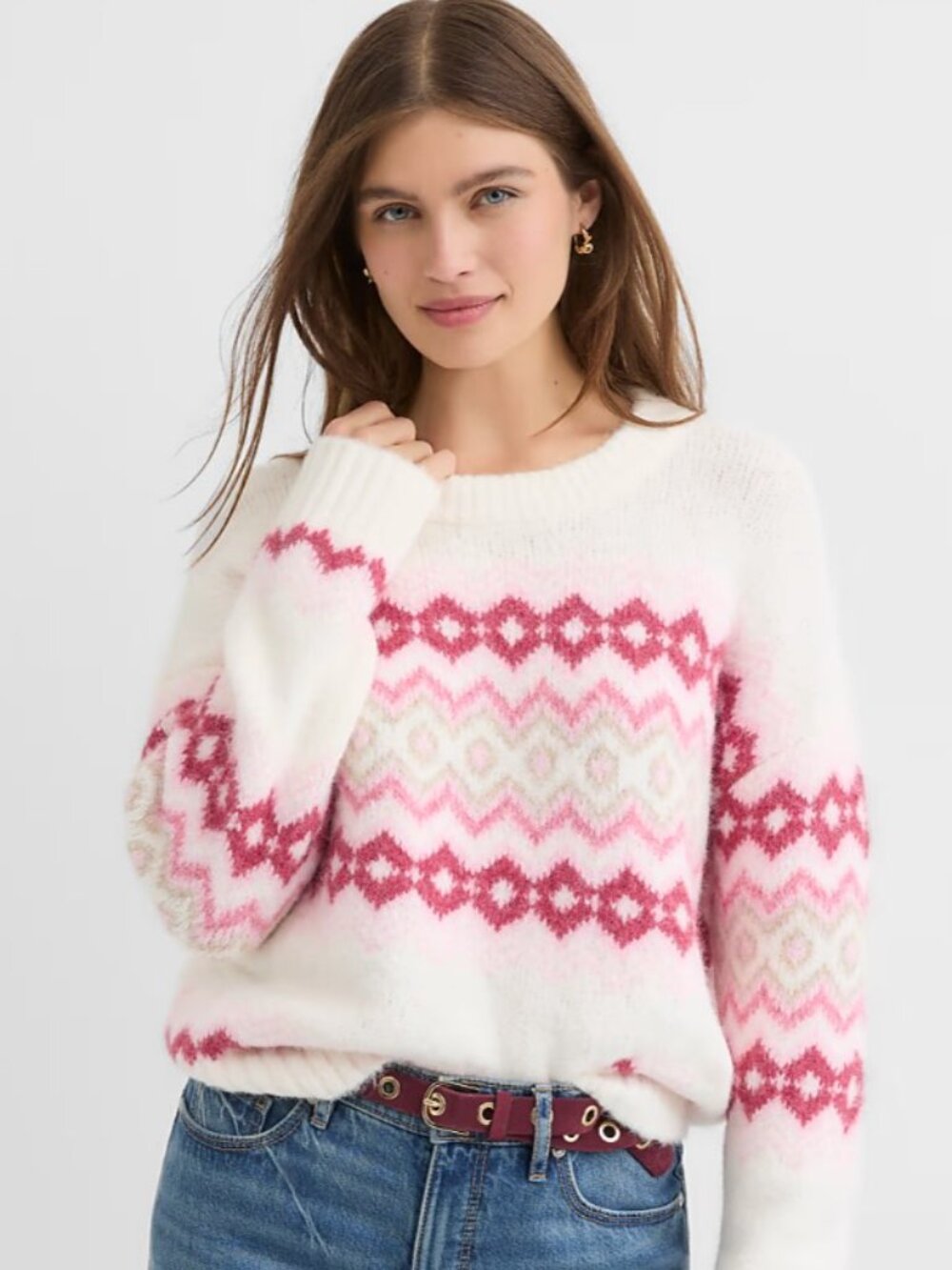 NWT LOFT Fair Isle Pink & Off White Wool Blend Sweater Size M